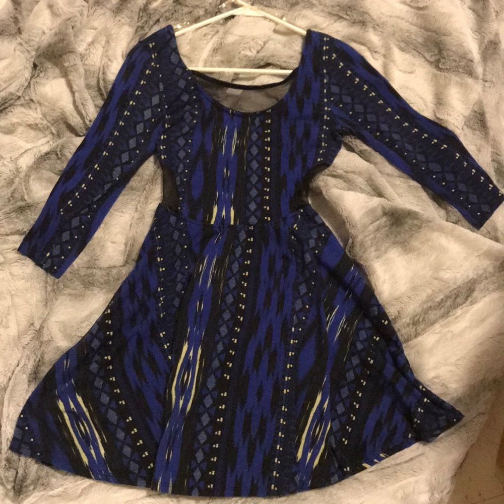 Printed blue dress with mesh cutouts